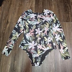 Women's Tropical Print Long Sleeve One Piece Swimsuit - Kona Sol Black M